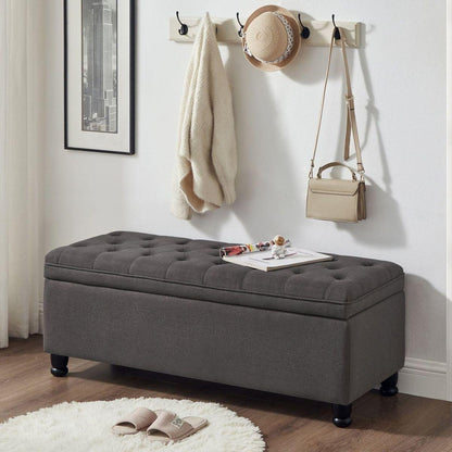 Upholstered tufted button storage bench, Linen fabric entry bench with spindle wooden legs, Bed bench- Dark Gray