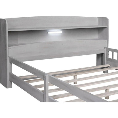 Wood Full Size Platform Bed with Built-in LED Light, Storage Headboard and Guardrail, Antique Grey