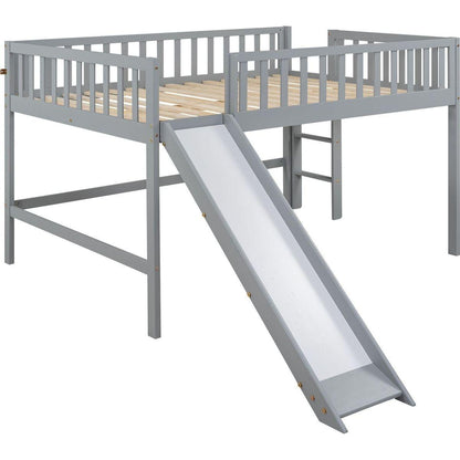 Full Size Low Loft Bed with Ladder and Slide,Gray
