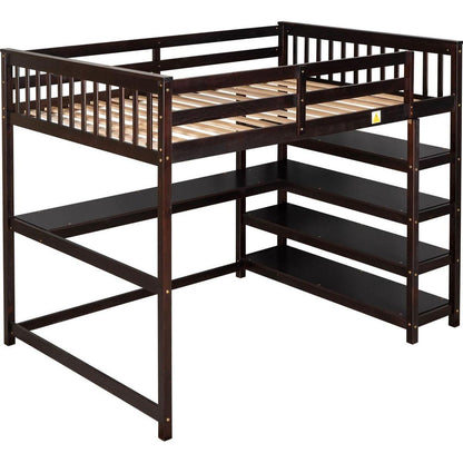 Full Size Loft Bed with Storage Shelves and Under-bed Desk, Espresso