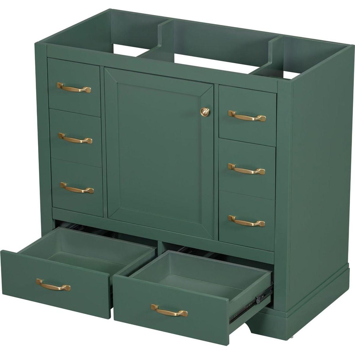 36" Bathroom Vanity without Sink, Cabinet Base Only, Six Drawers, Multi-Functional Drawer Divider, Adjustable Shelf, Green