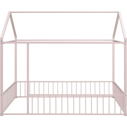 Full Size Metal Bed House Bed Frame with Fence, for Kids, Teens, Girls, Boys,Pink