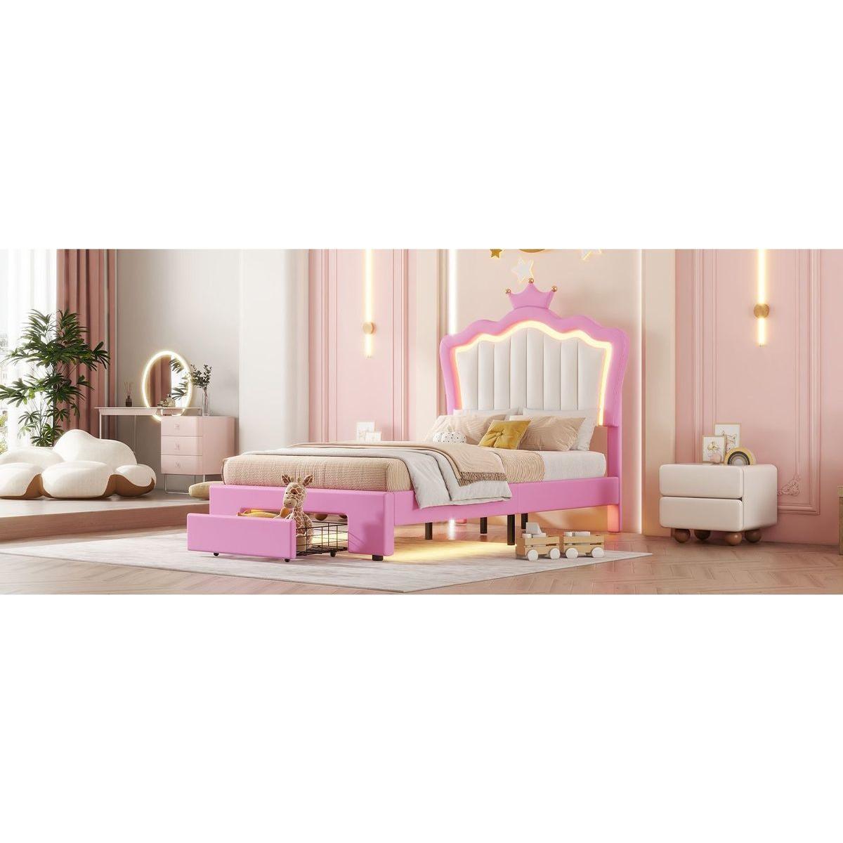 Twin Size Upholstered Bed Frame with LED Lights, Modern Upholstered Princess Bed with Crown Headboard, a Drawer, Pink+White