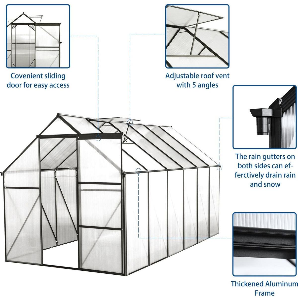 6x12 FT Polycarbonate Greenhouse Raised Base and Anchor Aluminum Heavy Duty Walk-in Greenhouses for Outdoor Backyard in All Season,Black