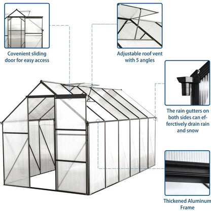 6x12 FT Polycarbonate Greenhouse Raised Base and Anchor Aluminum Heavy Duty Walk-in Greenhouses for Outdoor Backyard in All Season,Black
