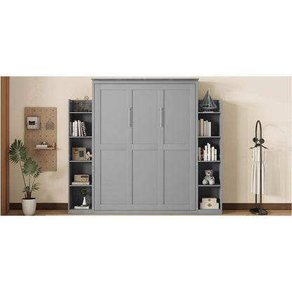 Queen Size Murphy Bed Wall Bed with Shelves and LED Lights,Gray