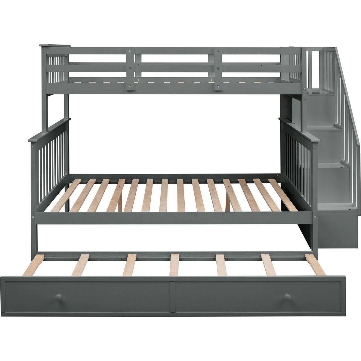 Stairway Twin-Over-Full Bunk Bed with Twin size Trundle, Storage and Guard Rail for Bedroom, Dorm, for Adults, Gray