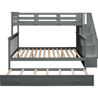 Stairway Twin-Over-Full Bunk Bed with Twin size Trundle, Storage and Guard Rail for Bedroom, Dorm, for Adults, Gray