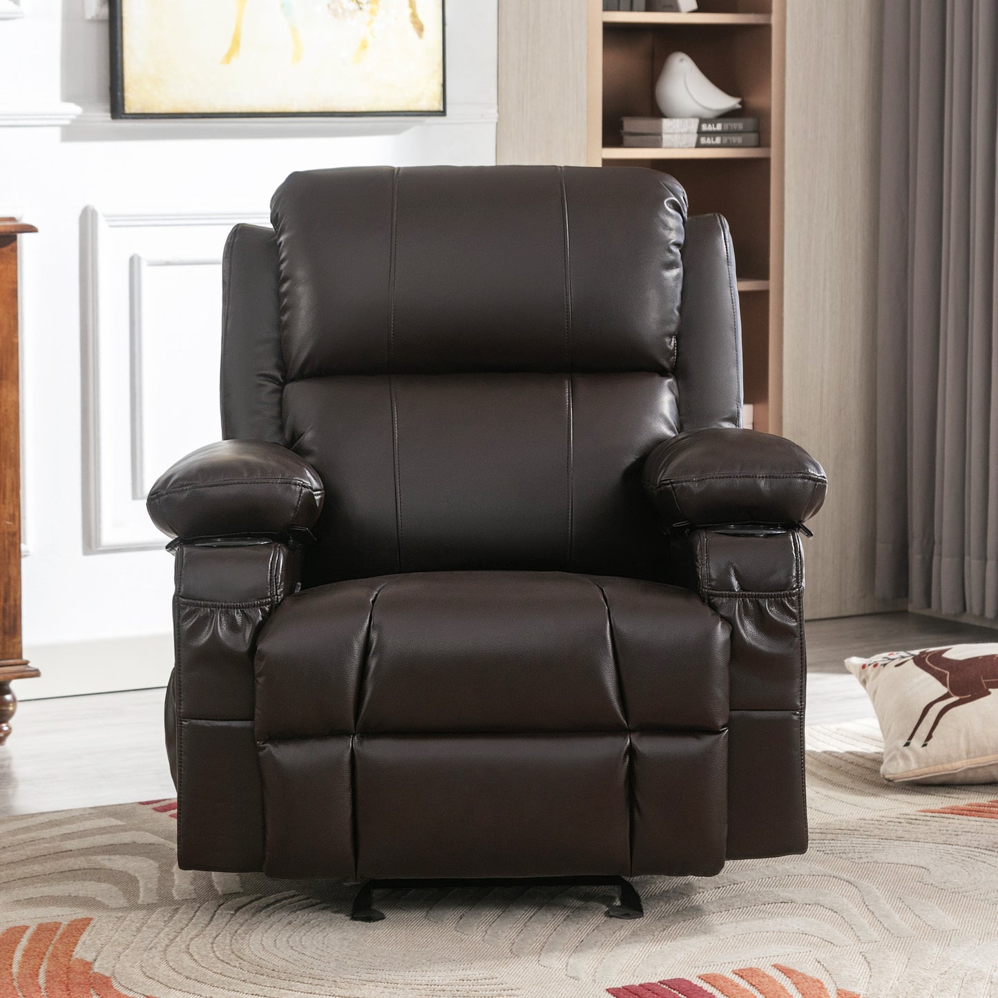 Vanbow.Recliner Chair Rocking Chairs for Adults Oversized with 2 Cup Holders, USB Charge Port Soft Features a Manual Massage and Heat.BROWN