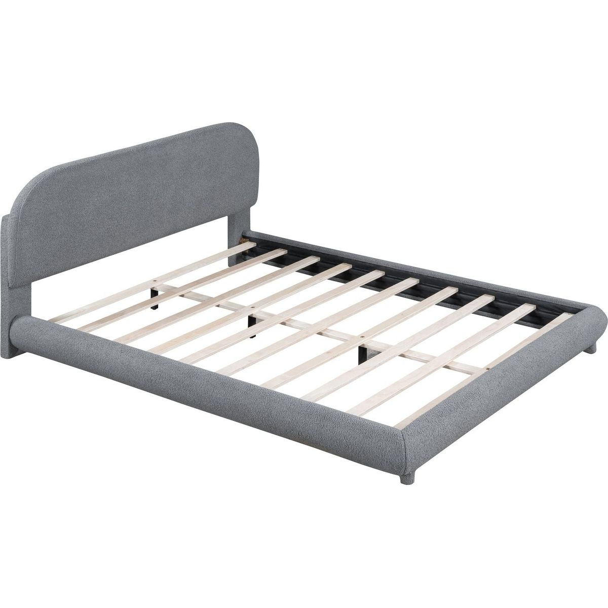 Teddy Fleece Queen Size Upholstered Platform Bed with Thick Fabric, Solid Frame and Stylish Curve-shaped Design, Gray