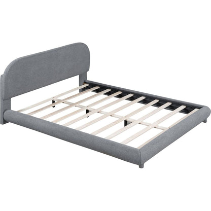 Teddy Fleece Queen Size Upholstered Platform Bed with Thick Fabric, Solid Frame and Stylish Curve-shaped Design, Gray