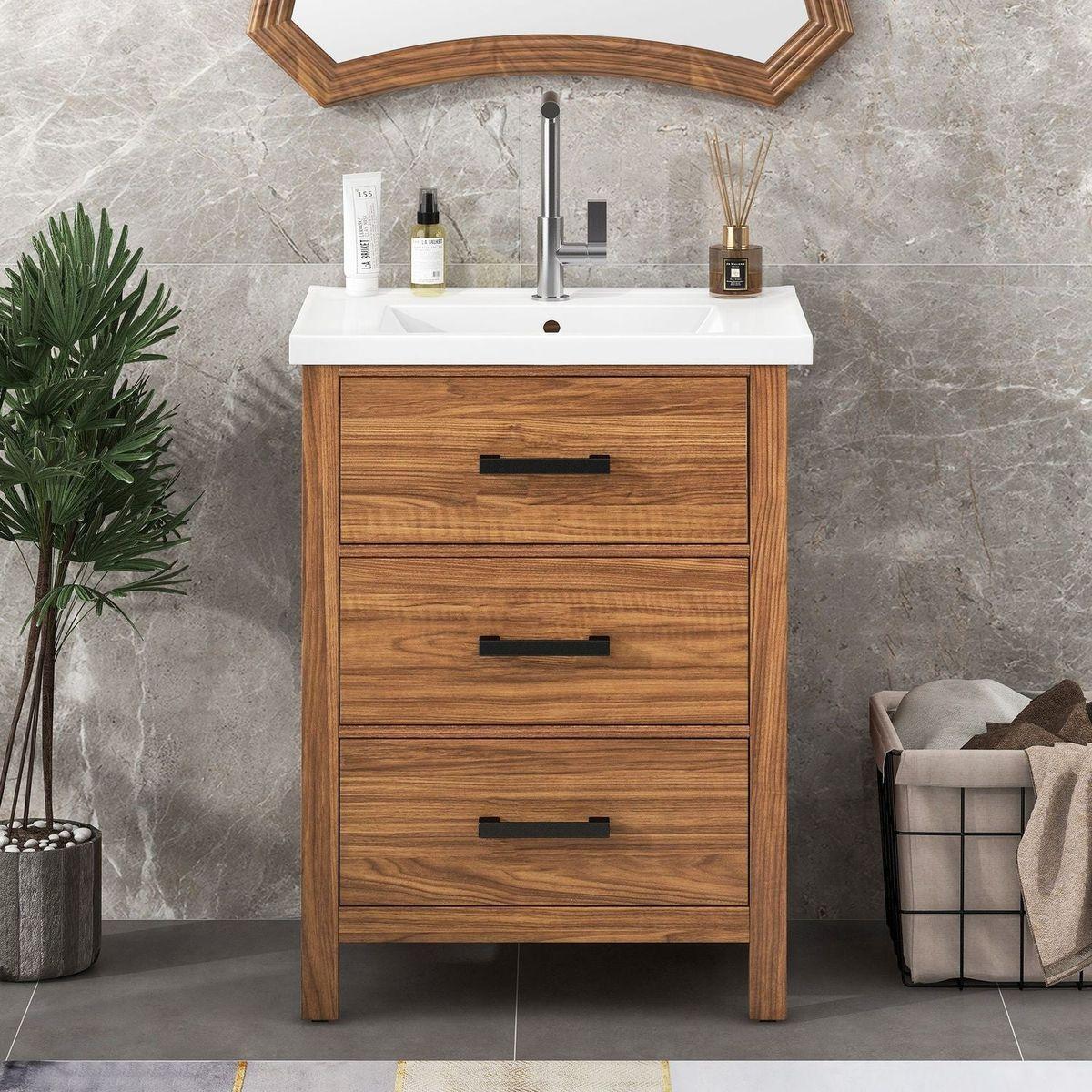 24" Bathroom Vanity with Ceramic Basin Sink, Modern Bathroom Storage Cabinet with 3 Drawers, Freestanding Bathroom Vanity Cabinet with Single Sink