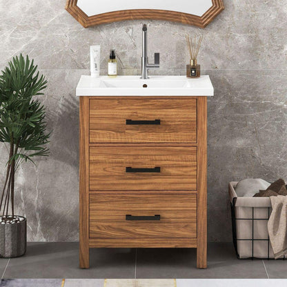 24" Bathroom Vanity with Ceramic Basin Sink, Modern Bathroom Storage Cabinet with 3 Drawers, Freestanding Bathroom Vanity Cabinet with Single Sink