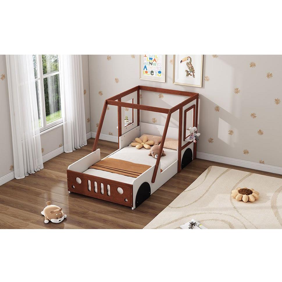 Fun Play Design Twin Size Car Bed, Kids Platform Bed in Car-Shaped for Kids Boys Girls Teens,White+ Orange