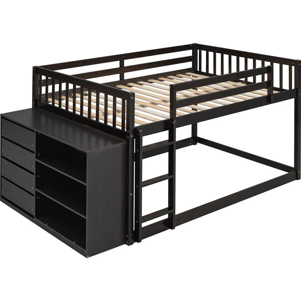 Full over Full Bunk Bed with 4 Drawers and 3 Shelves-Espresso