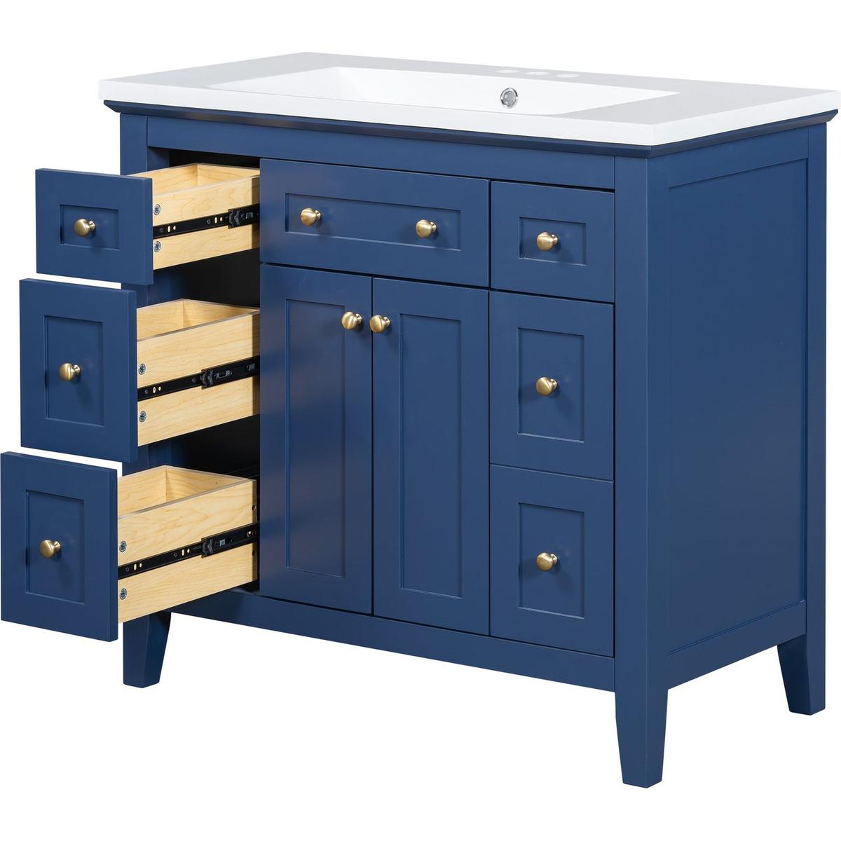 36" Bathroon Vanity with Resin Sink Combo Set, Modern Freestanding Single Bathroom Cabinet with 6 Drawers & 2 Cabinets, Storage Cabinet for Bathroom, Solid Wood Frame Vanity Set, Blue