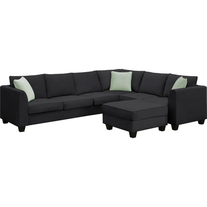 112x87" Sectional Sofa Couches Living Room Sets, 7 Seats Modular Sectional Sofa with Ottoman, L Shape Fabric Sofa Corner Couch Set with 3 Pillows, Black(New of GS008210AAB)