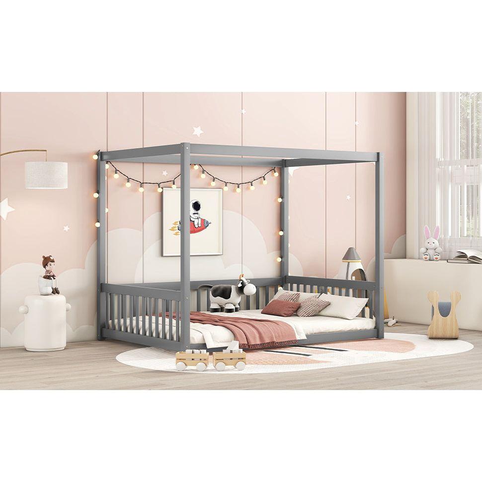 Full Size Canopy Frame Floor Bed with Fence, Guardrails,Grey