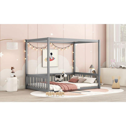 Full Size Canopy Frame Floor Bed with Fence, Guardrails,Grey