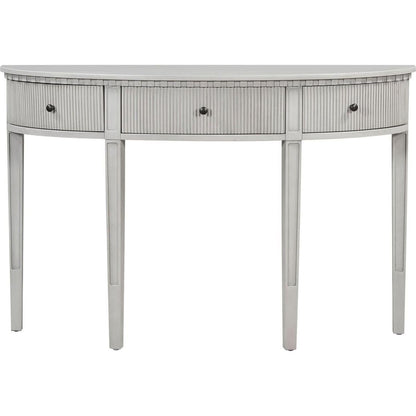 Distinctive Features of Pine Veneer Console Table with Vertical Stripe Drawer Fronts and Four Legs