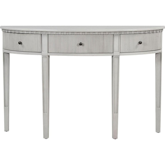 Distinctive Features of Pine Veneer Console Table with Vertical Stripe Drawer Fronts and Four Legs