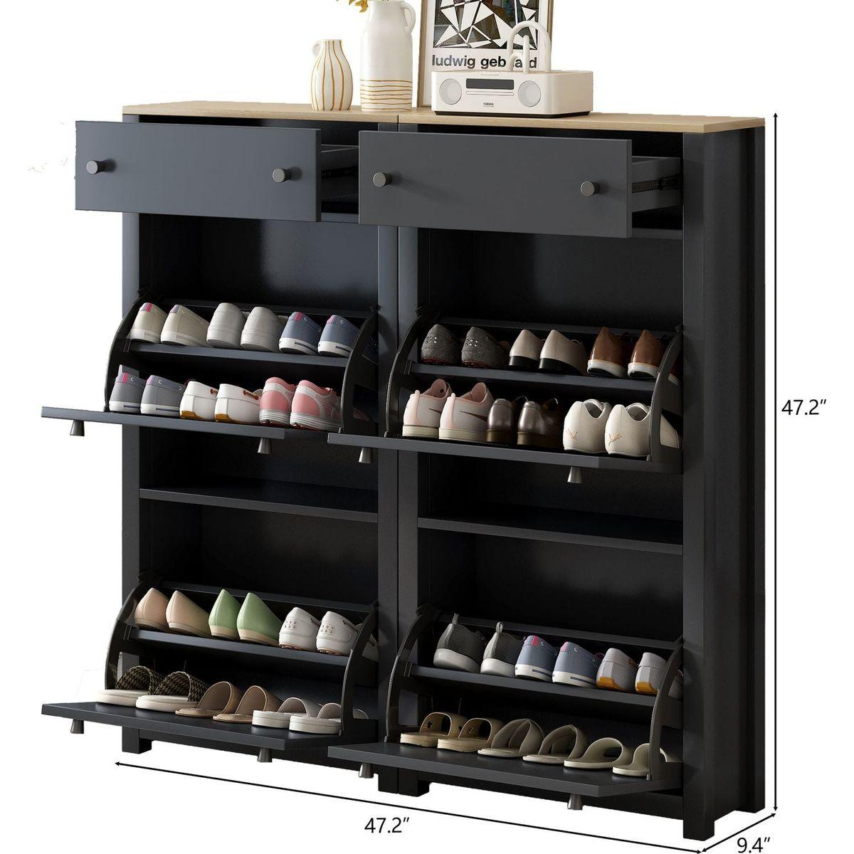 Slim Shoe Cabinet Set with 4 Flip Drawers, Wood Grain Pattern Top Shoe Storage Solution with Adjustable Panel, Modern Style Shoe Rack with Drawers for Hallway, Black