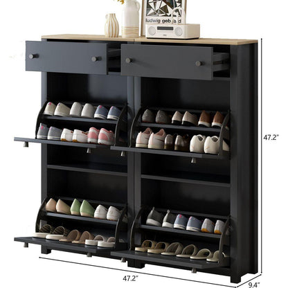 Slim Shoe Cabinet Set with 4 Flip Drawers, Wood Grain Pattern Top Shoe Storage Solution with Adjustable Panel, Modern Style Shoe Rack with Drawers for Hallway, Black