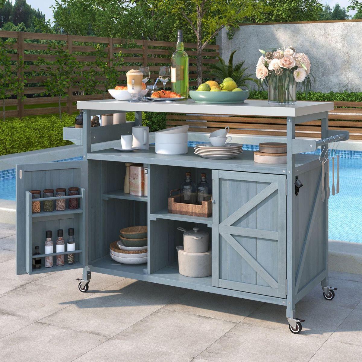 Outdoor Kitchen Island, Rolling Bar Cart & Storage Cabinet, Farmhouse Solid Wood Outdoor Grill Table with Stainless Steel Top, Spice Rack, Towel Rack for Kitchen & BBQ, Grey Blue