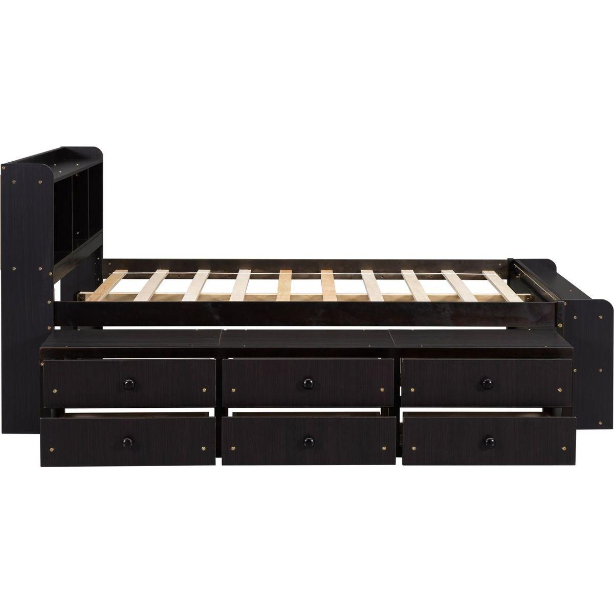 Full Bed with Bookcase Headboard, Under bed Storage Drawers and Bed End Storage Case,Espresso
