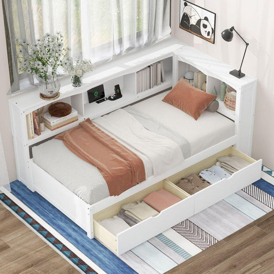 Twin Size Daybed with Two Storage Drawers, Storage Cabinets and USB Ports, White