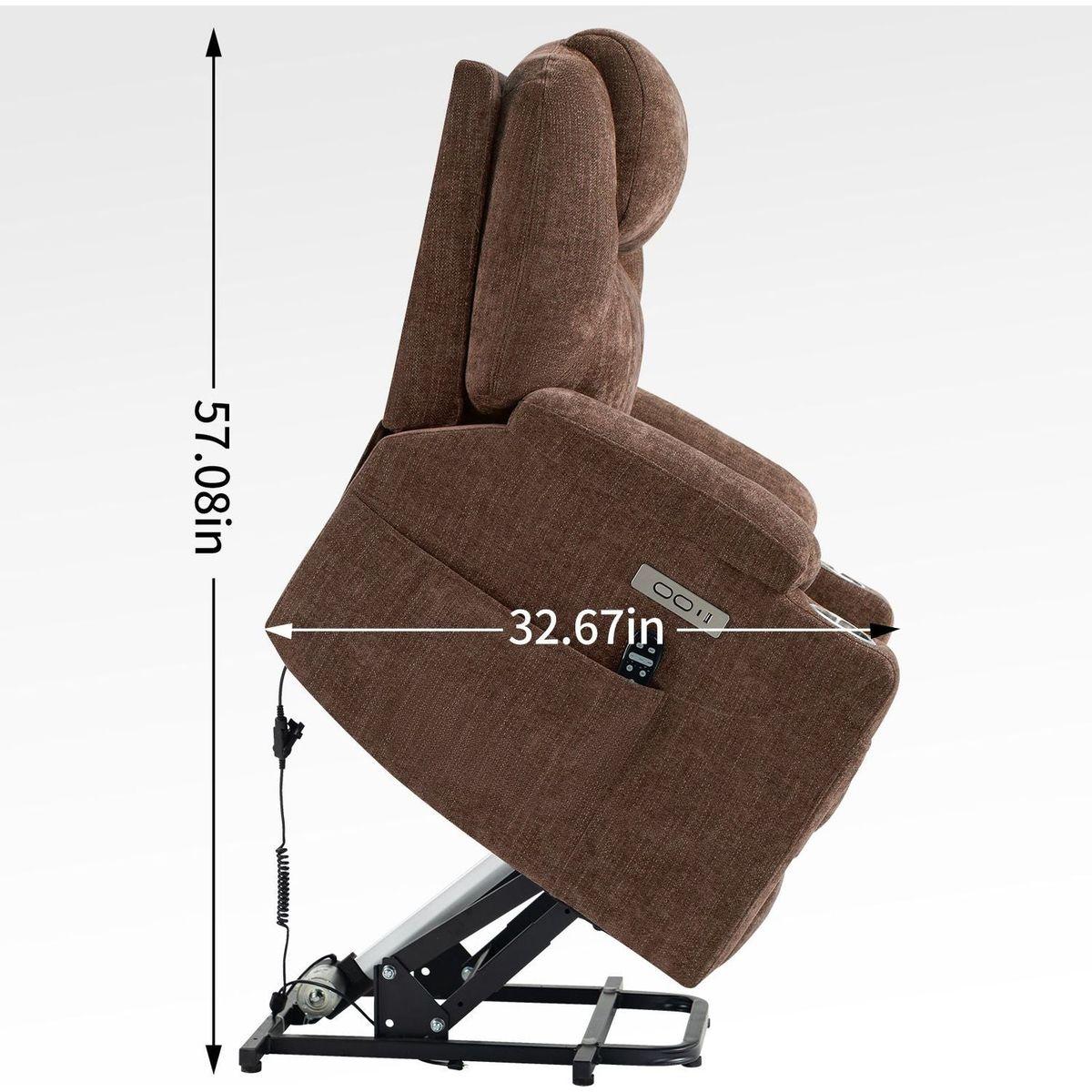 Okin motor Up to 350 LBS Chenille Power Lift Recliner Chair, Heavy Duty Motion Mechanism with 8-Point Vibration Massage and Lumbar Heating, USB and Type-C Ports, Stainless Steel Cup Holders, Brown