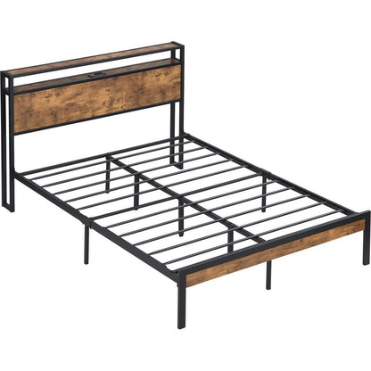 Full Size Metal Platform Bed Frame with Wooden Headboard and Footboard with USB LINER, No Box Spring Needed, Large Under Bed Storage, Easy Assemble