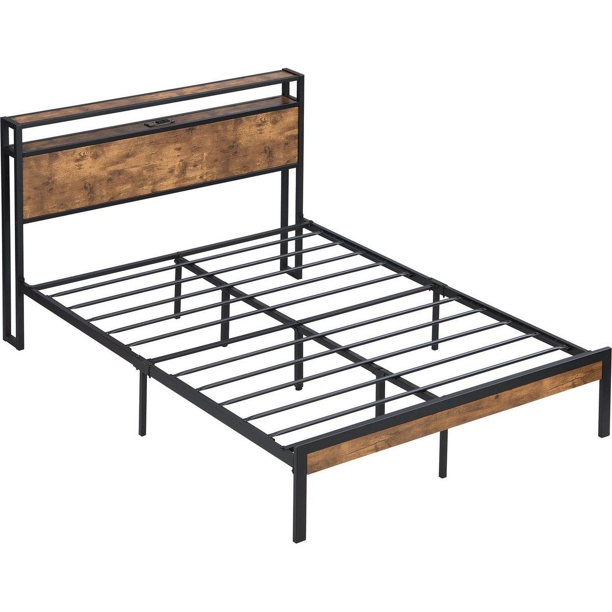 King Size Metal Platform Bed Frame with Wooden Headboard and Footboard with USB LINER, No Box Spring Needed, Large Under Bed Storage, Easy Assemble