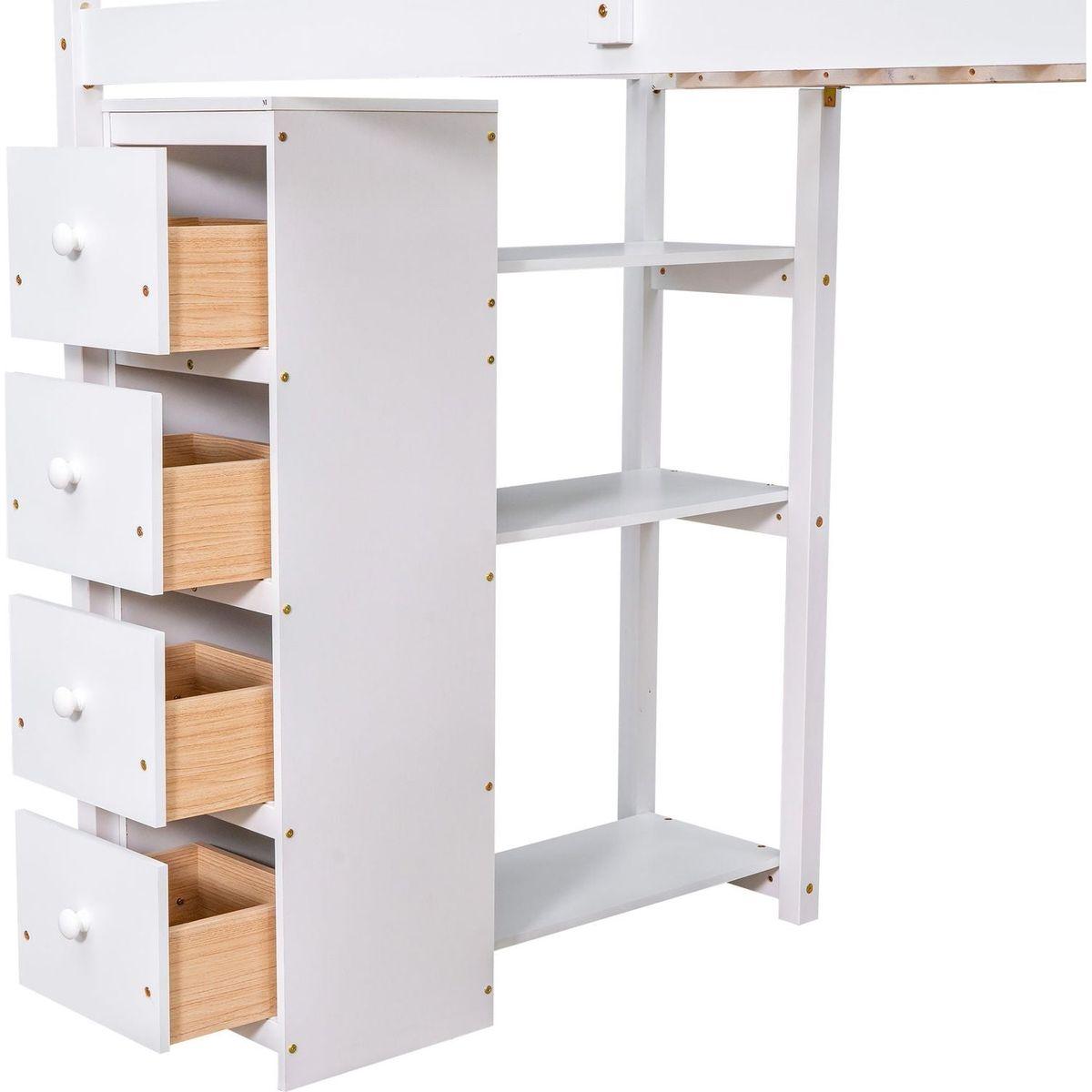 Twin size Loft Bed with Storage Drawers, Desk and Stairs, Wooden Loft Bed with Shelves - White
