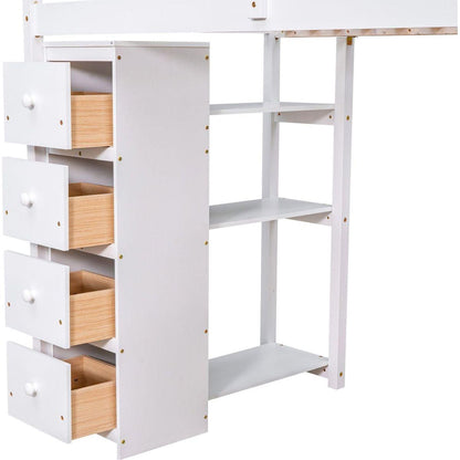 Twin size Loft Bed with Storage Drawers, Desk and Stairs, Wooden Loft Bed with Shelves - White