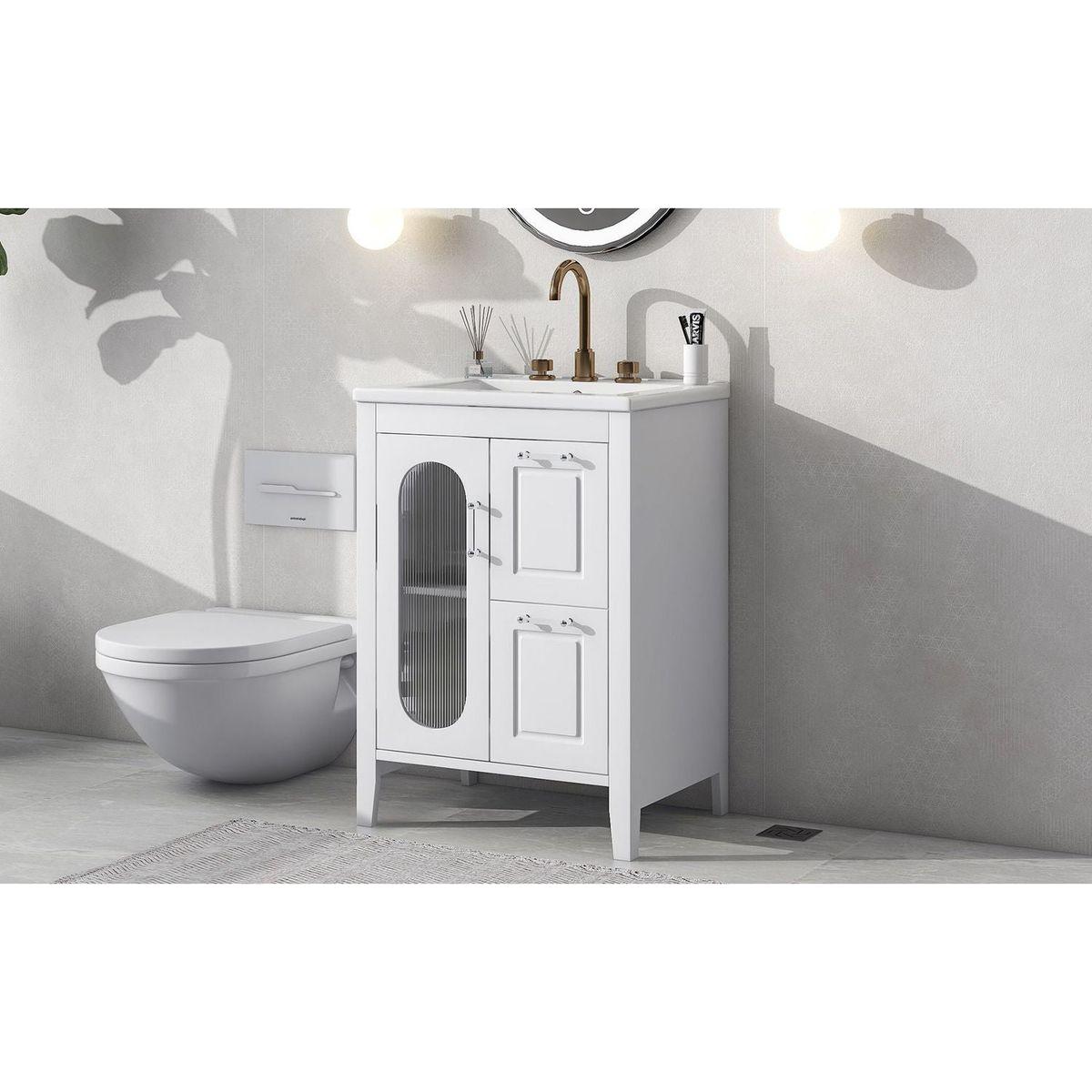 24" Bathroom Vanity with Sink, Bathroom Vanity Cabinet with Two Drawers and Door, Adjustable Shelf, Solid Wood and MDF, White