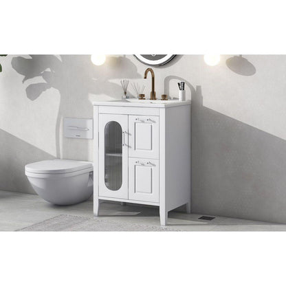 24" Bathroom Vanity with Sink, Bathroom Vanity Cabinet with Two Drawers and Door, Adjustable Shelf, Solid Wood and MDF, White