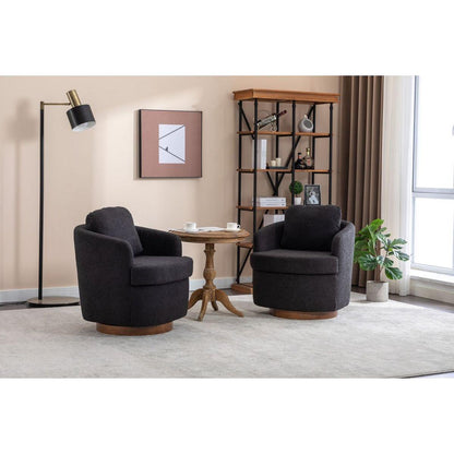 Boucle Fabric Swivel Accent Chair With Soild Wood Round Brown Base Leg,Black