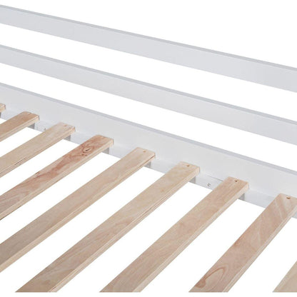 Twin Size Loft Bed with Ladder and Slide, House Bed with Blackboard and Light Strip on the Roof, White