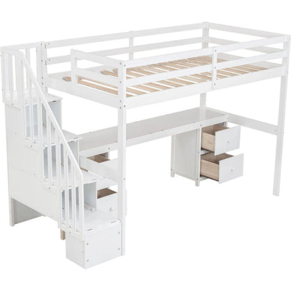 Twin Size Loft Bed Frame with Built-in Desk and Double Storage Drawers,White