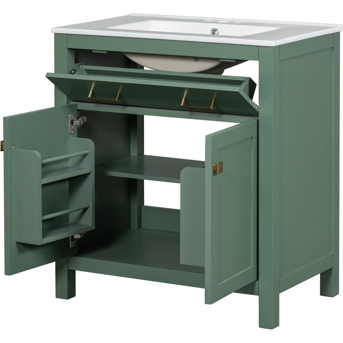 30-inch Bathroom Vanity with Ceramic Sink, Modern Green Single Bathroom Cabinet with 2 Doors and a Shelf, Soft Close Doors