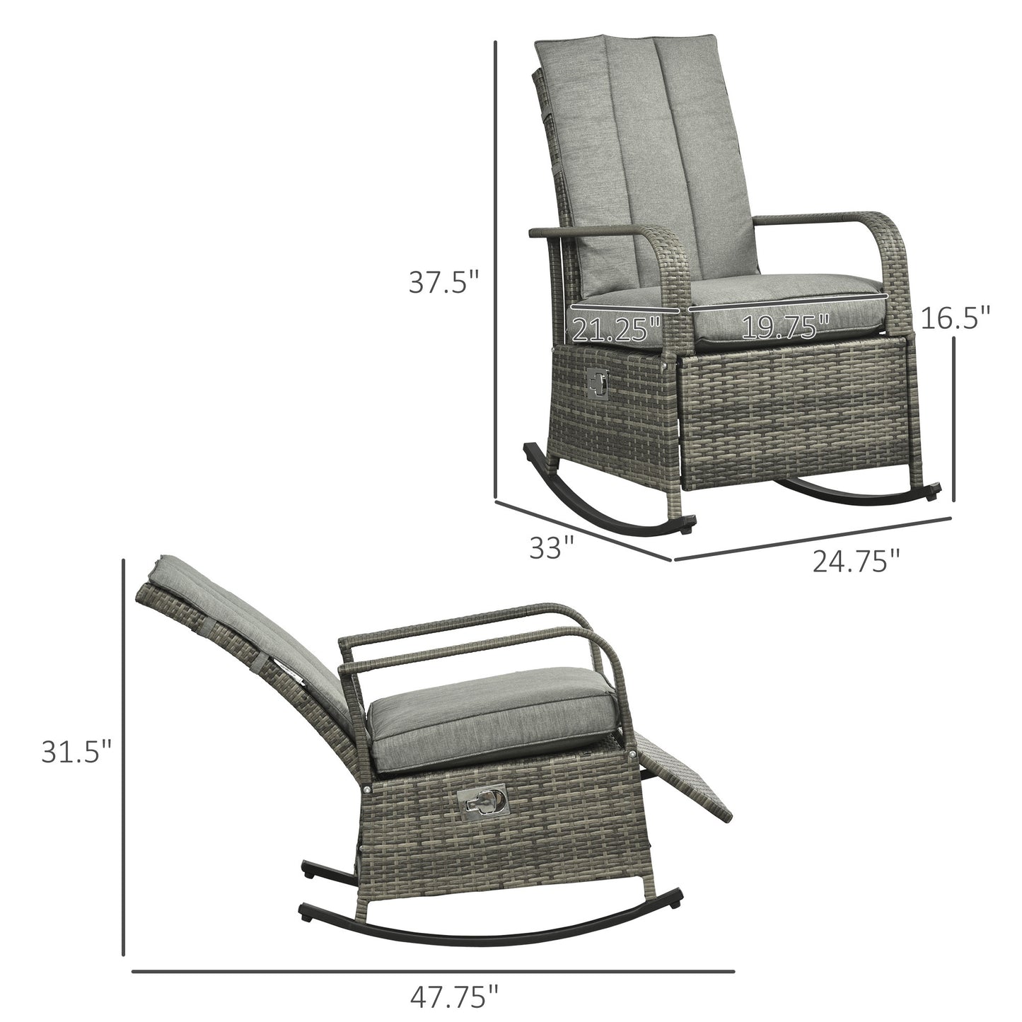 Outdoor Rattan Rocking Chair Patio Recliner with Soft Cushions, Adjustable Footrest, Max. 135 Degree Backrest, PE Wicker, Gray