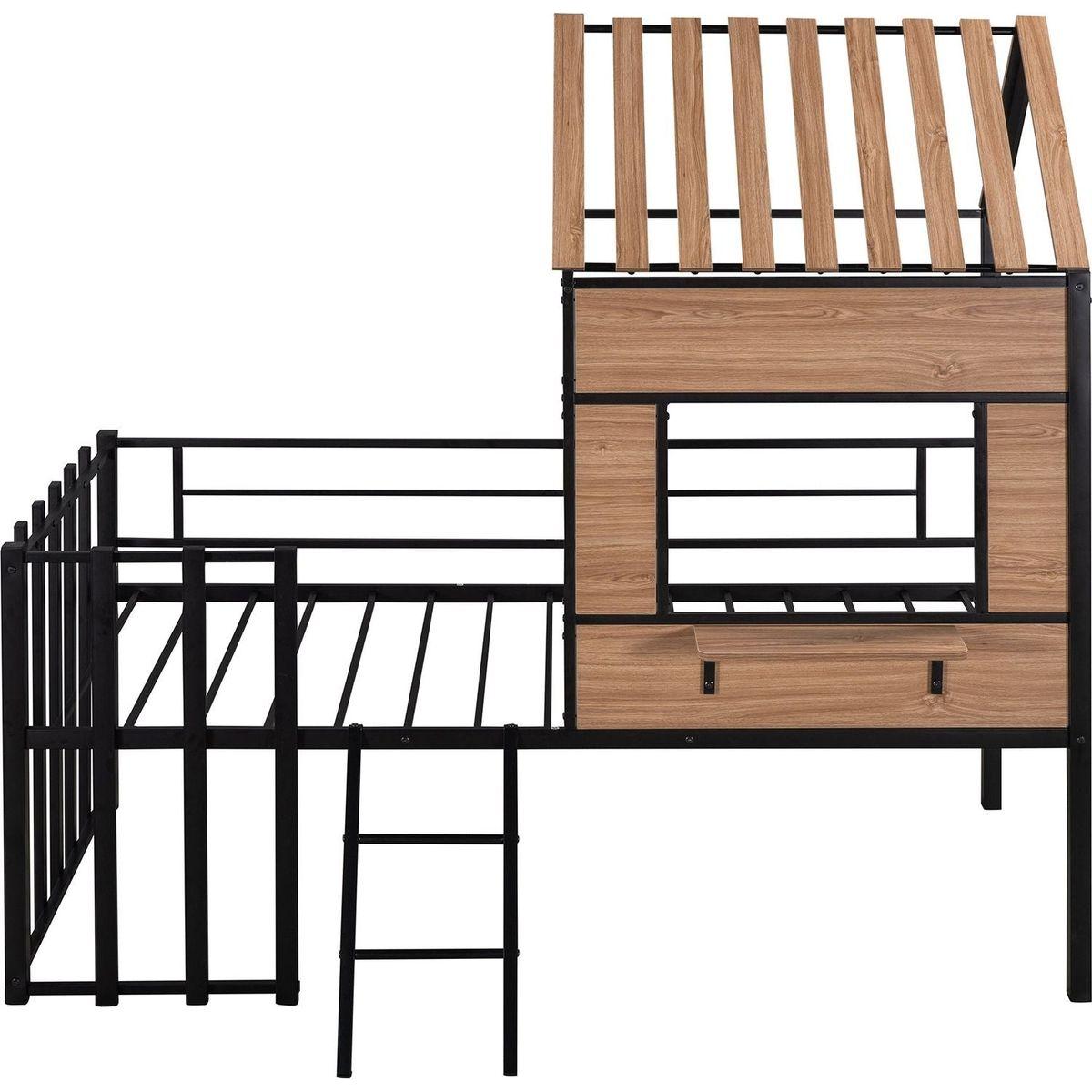 Metal Twin size Loft Bed with Roof, Window, Guardrail, Ladder Black