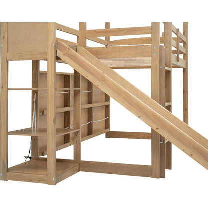 Twin Size Wood House Loft bed with Slide, Storage shelves and Light, Climbing Ramp, Wood Color