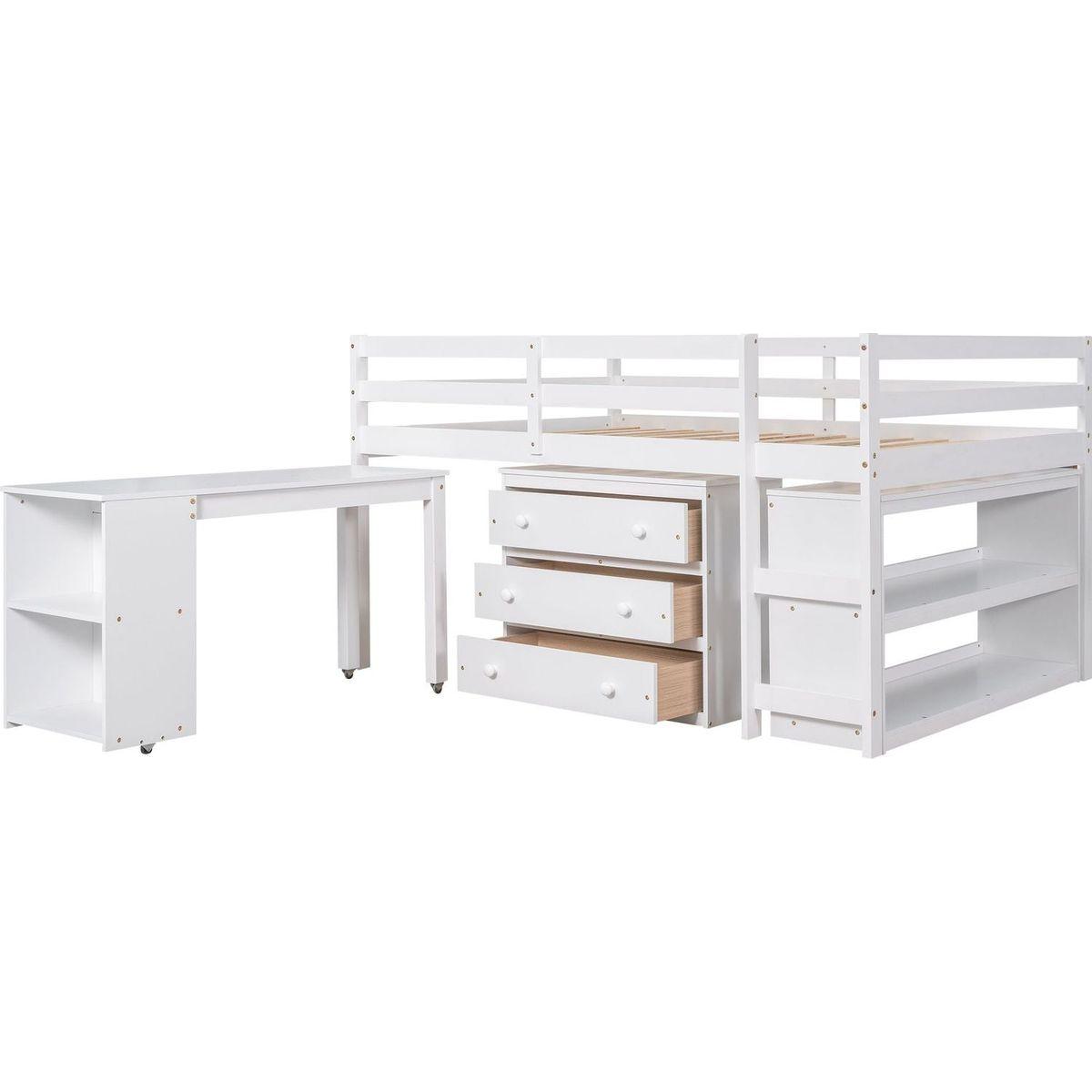 Low Study Full Loft Bed with Cabinet, Shelves and Rolling Portable Desk, Multiple Functions Bed- White