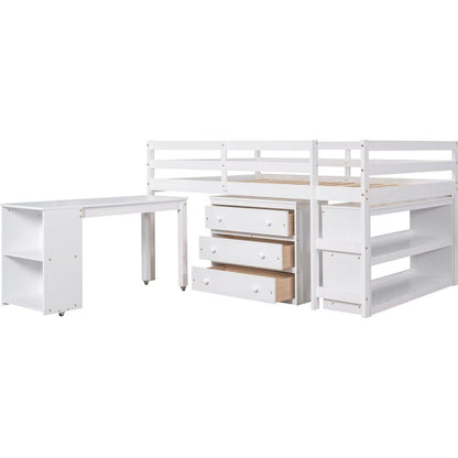 Low Study Full Loft Bed with Cabinet, Shelves and Rolling Portable Desk, Multiple Functions Bed- White