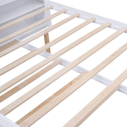 Queen Size Storage Platform Bed with Pull Out Shelves and Twin XL Size Trundle, White