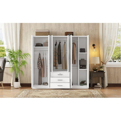 6-Doors Wooden Wardrobe Storage for Bedroom, with Big Drawers, White