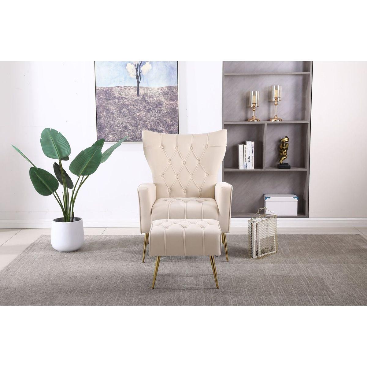 Modern Accent Chair with Ottoman, Comfy Armchair for Living Room, Bedroom, Apartment, Office (Beige)