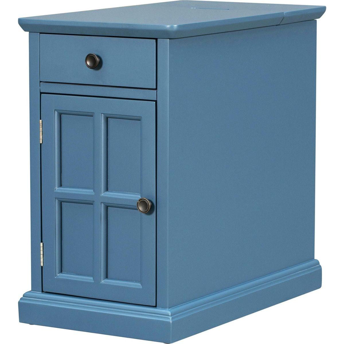 Classic Vintage Livingroom End Table Side Table with USB Ports and One Multifunctional Drawer with cup holders, Antique Navy - Streamdale Furniture